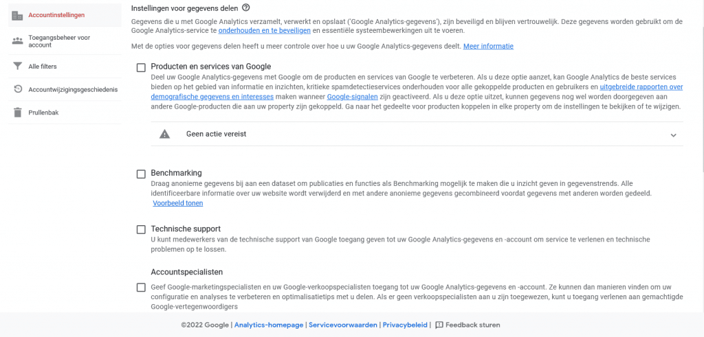 instellingen gegevens delen in GA