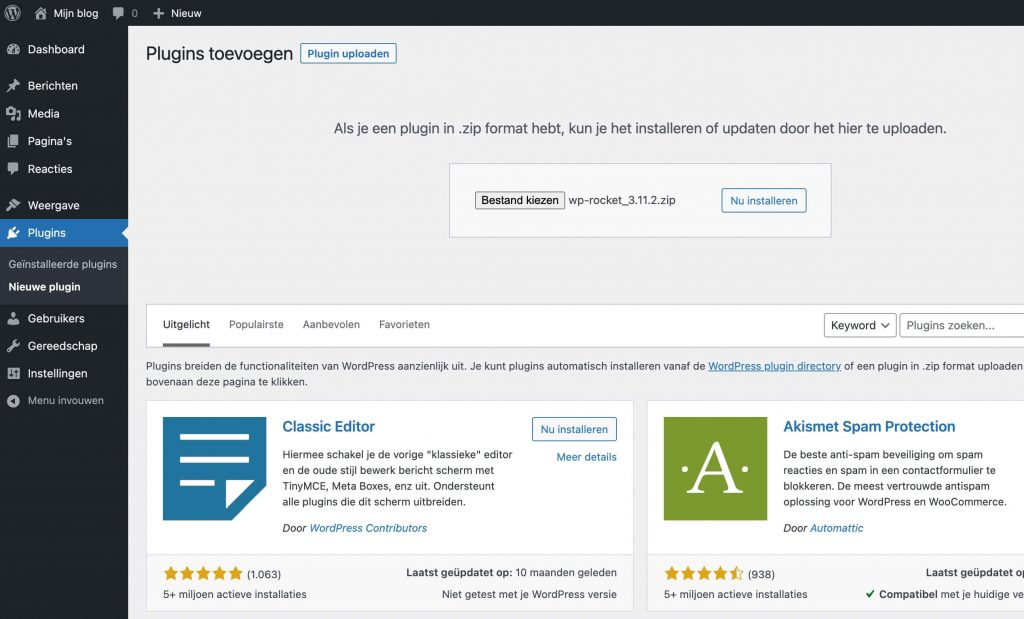wp rocket installeren
